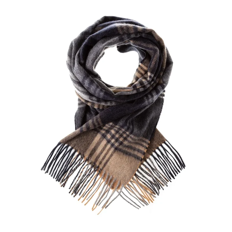 100 cashmere wide scarf navy camel check