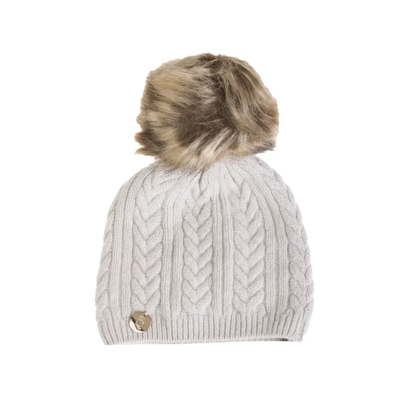 30 cashmere kids cable hat with light taupe pom