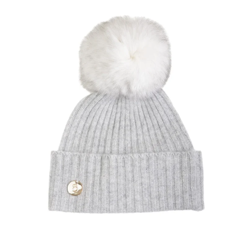 30 cashmere kids ribbed hat pearl river white w black pom