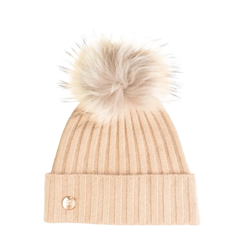 30 cashmere women s ava ribbed beanie with pom pom in hazelnut natural