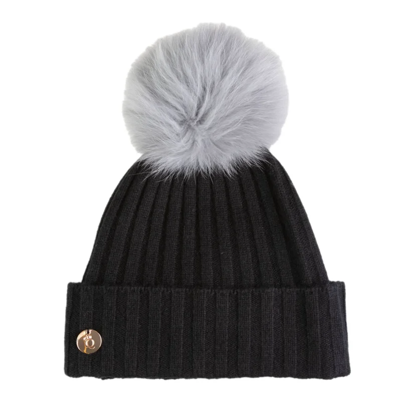 30 cashmere women s ava ribbed hat with pom pom black grey