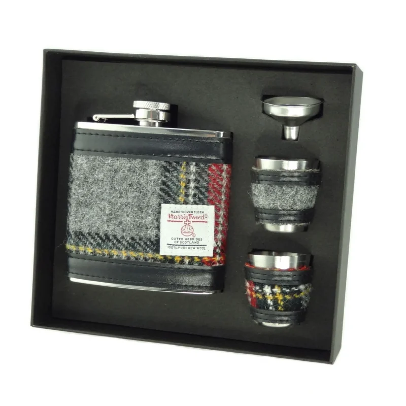 6oz h tweed hip flask gift set grey black tartan