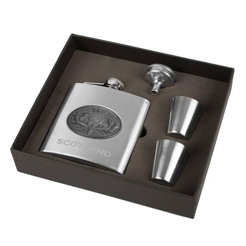 6oz scotland hip flask with thistle emblem 1oz shot glass