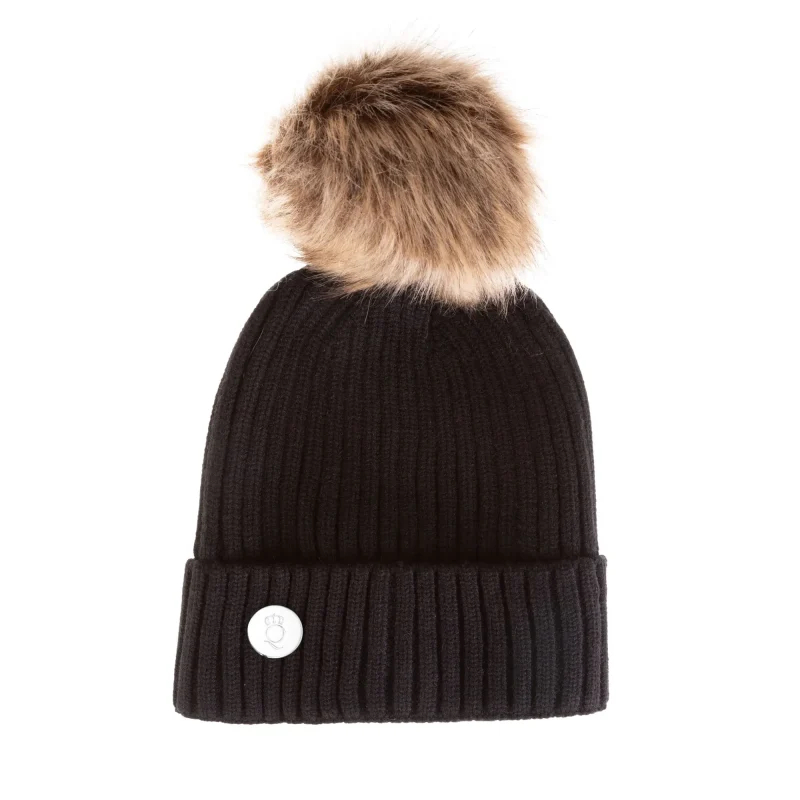 acrylic ribbed pom hat with fleece band black natural