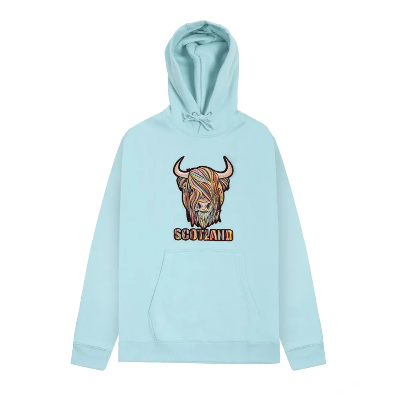 aqua highland cow embroidery hooded sweatshirt