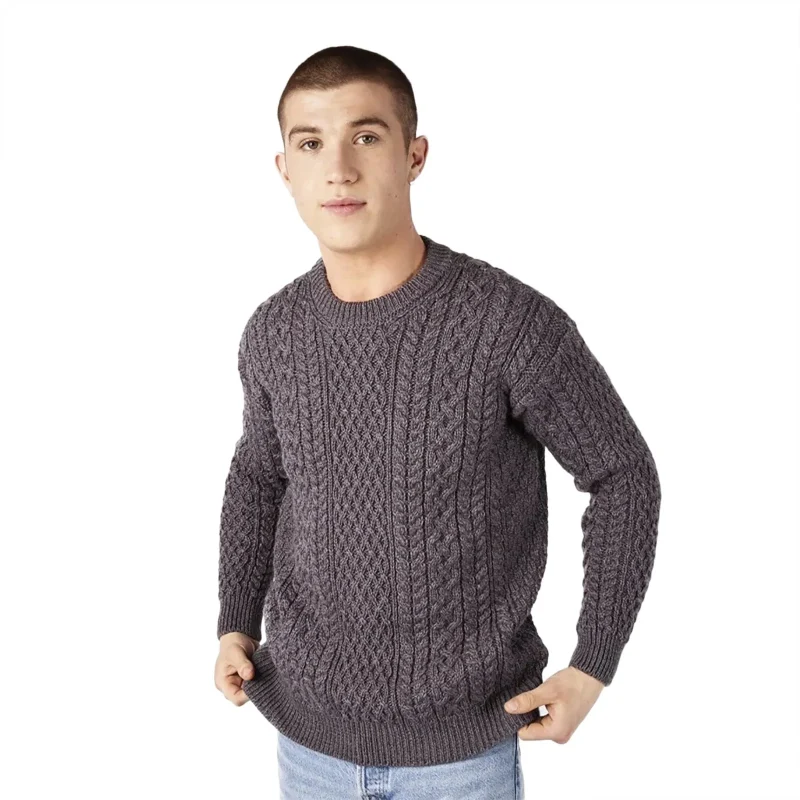 aran crew neck sweater for men steel marl grey