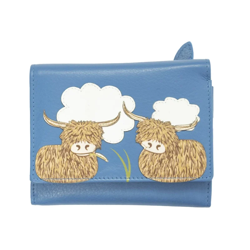 bella highland cow compact blue purse