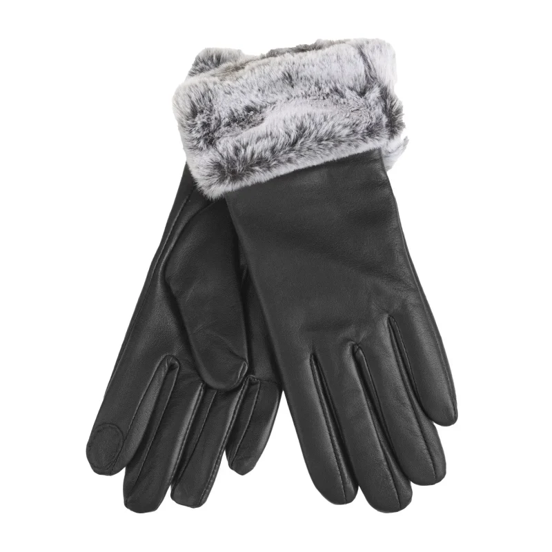 black leather gloves with faux fur trim for women