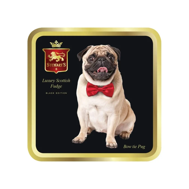 black pug fudge tin by stewarts