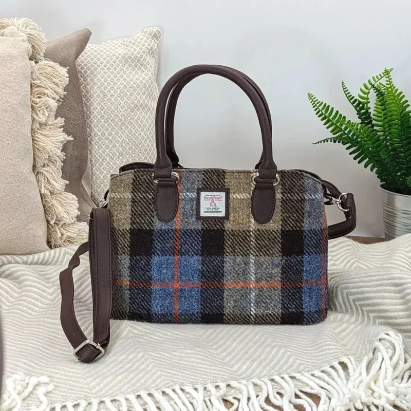 blue and brown check top handle bag