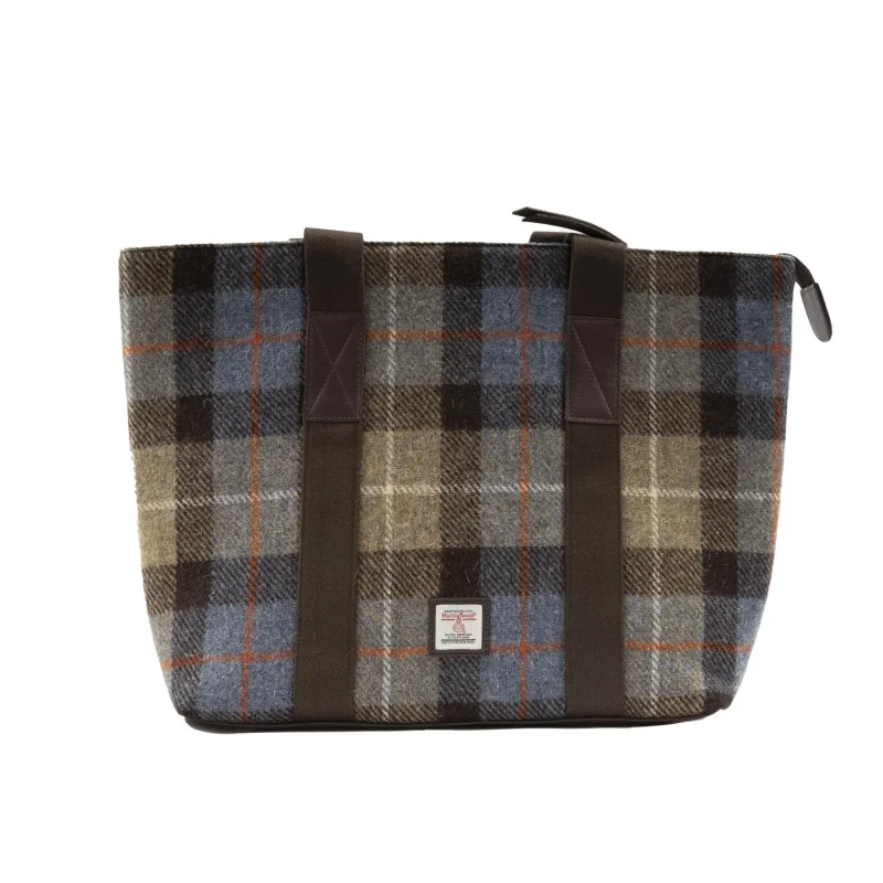 blue brown check canvas shopper bag