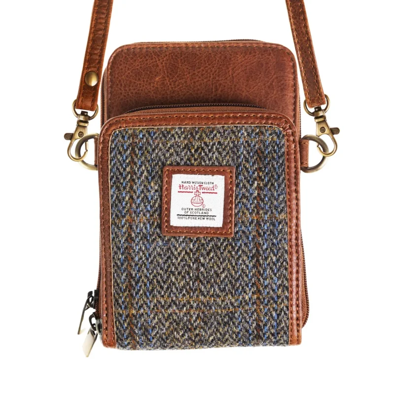 blue brown check crossbody bag tan black