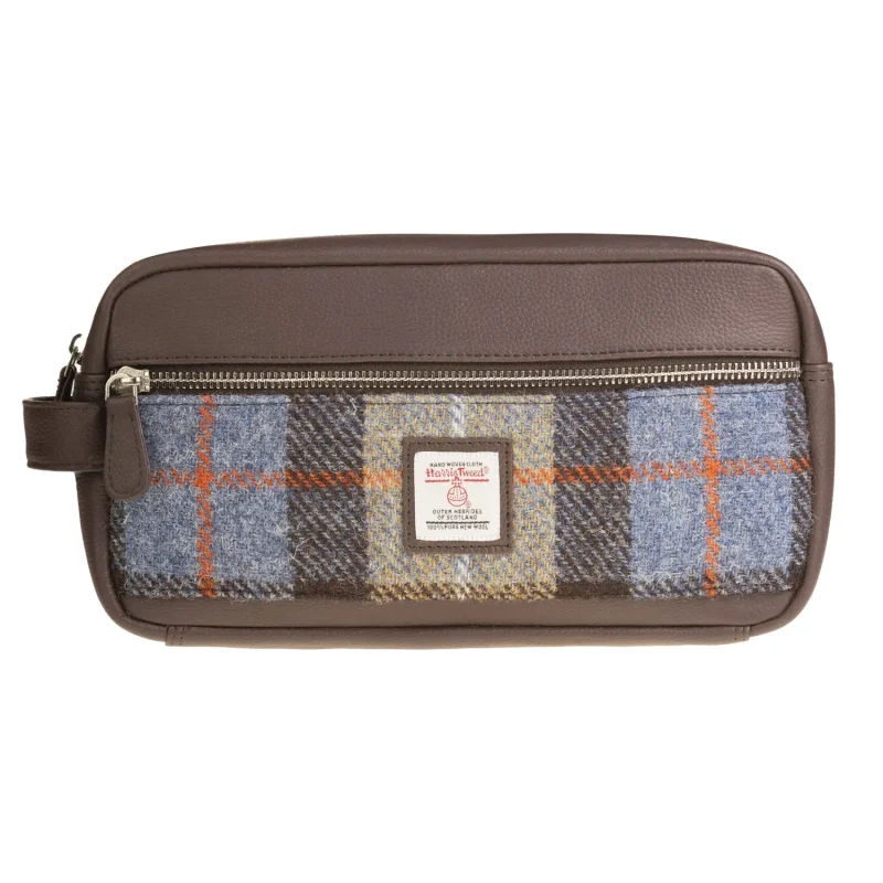 blue brown check leather wash bag