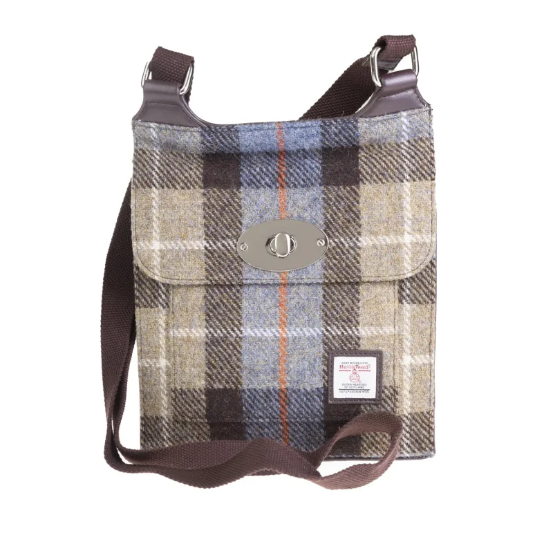 blue brown check satchel bag