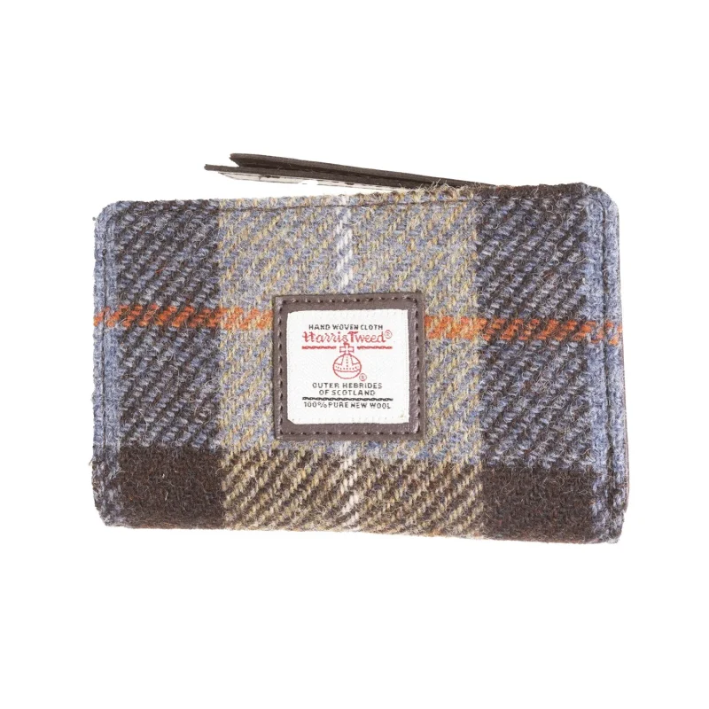 blue brown check zip purse