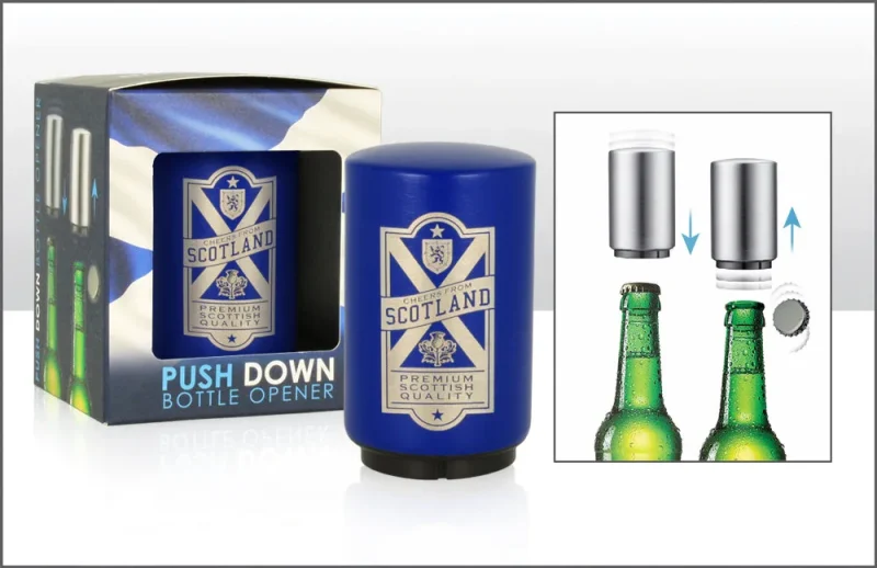 blue scotland bottle opener push down design