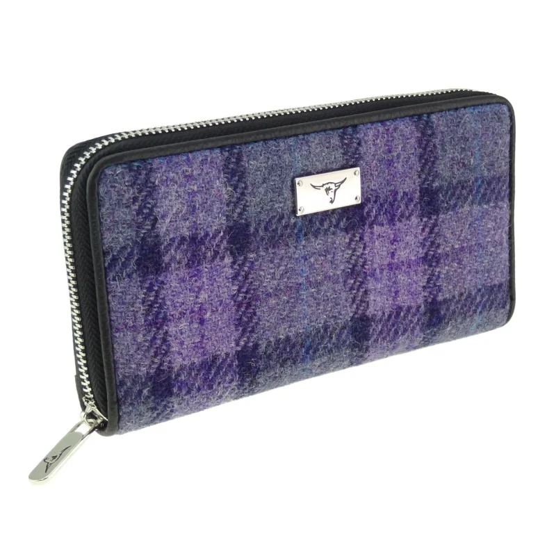 bold purple check harris tweed staffa long zip purse