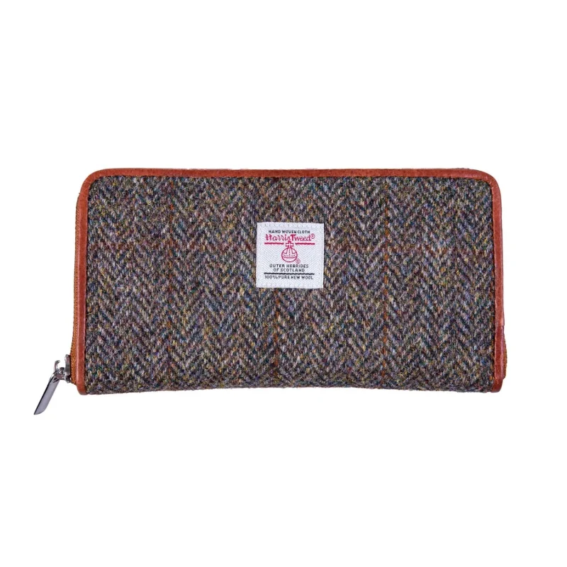 brown herringbone leather purse by harris tweed