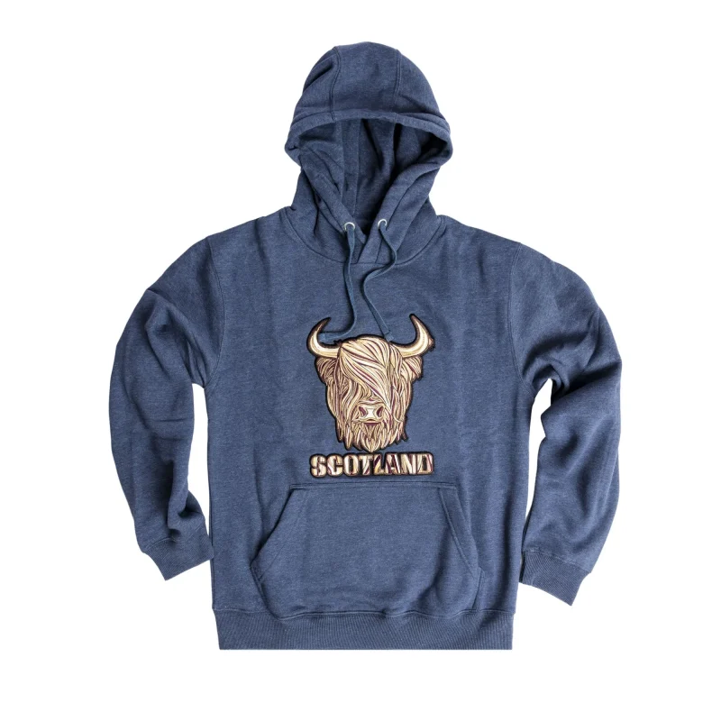 brown highland cow hoodie in denim blue