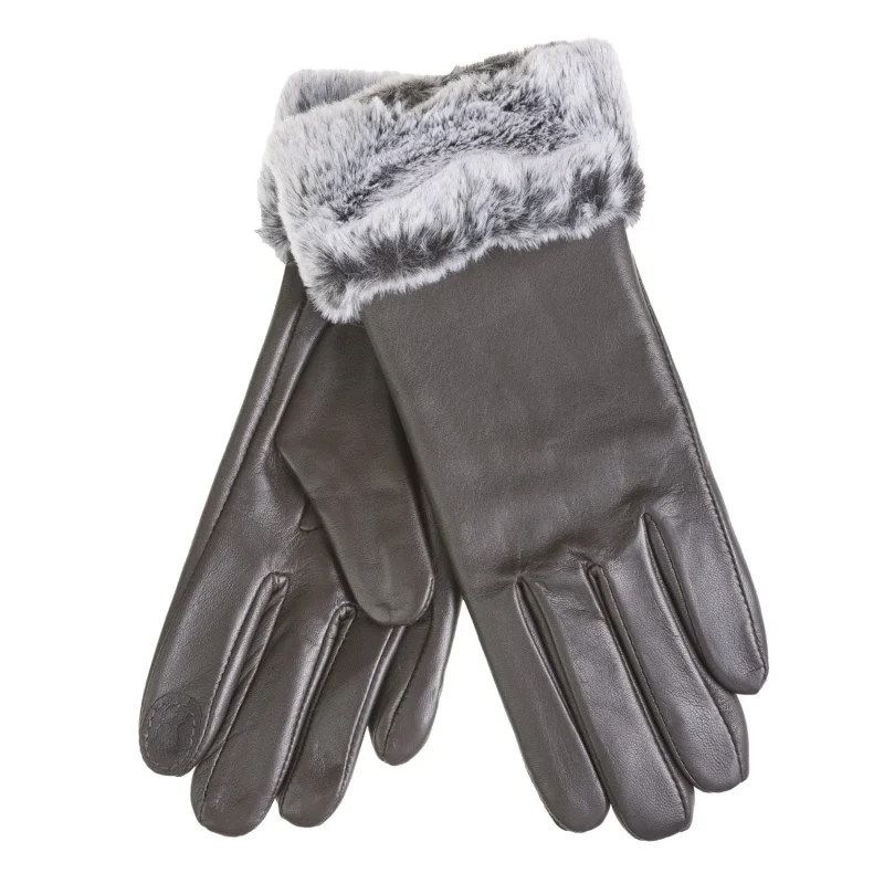 brown leather gloves with faux fur trim for women