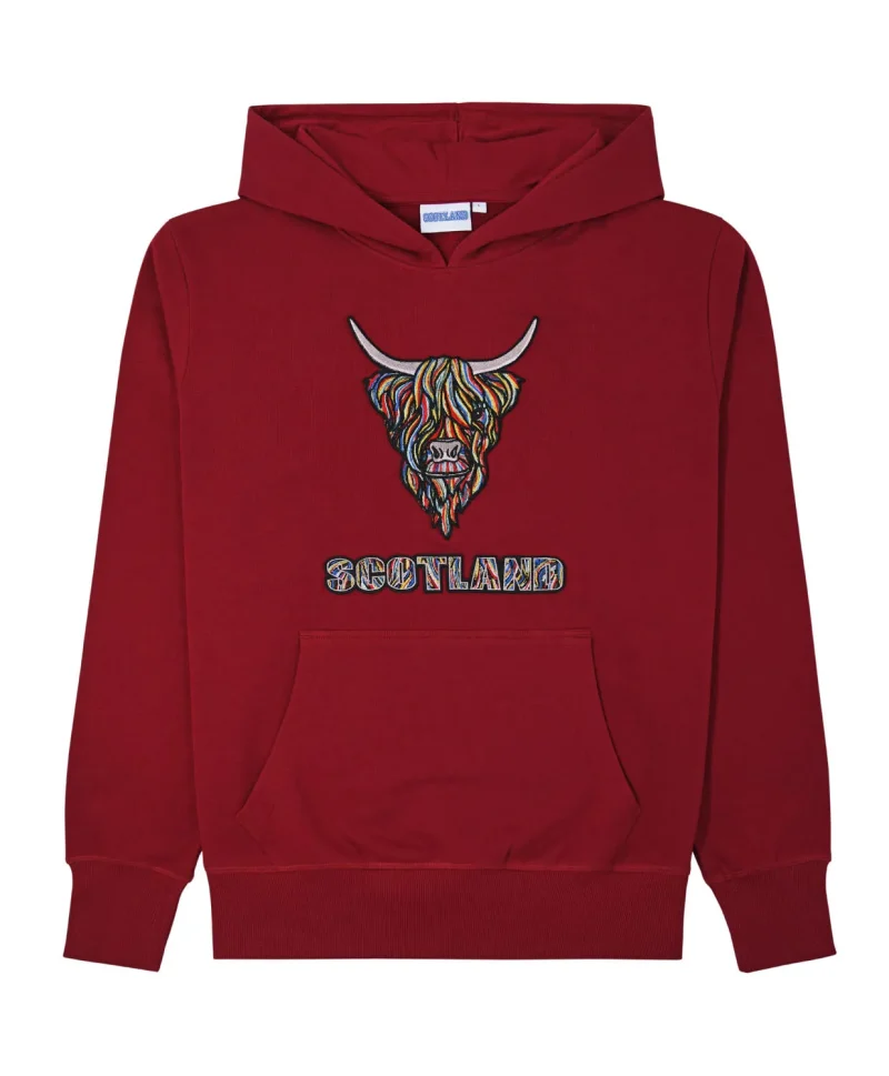 burgundy highland cow hoodie colorful embroidery