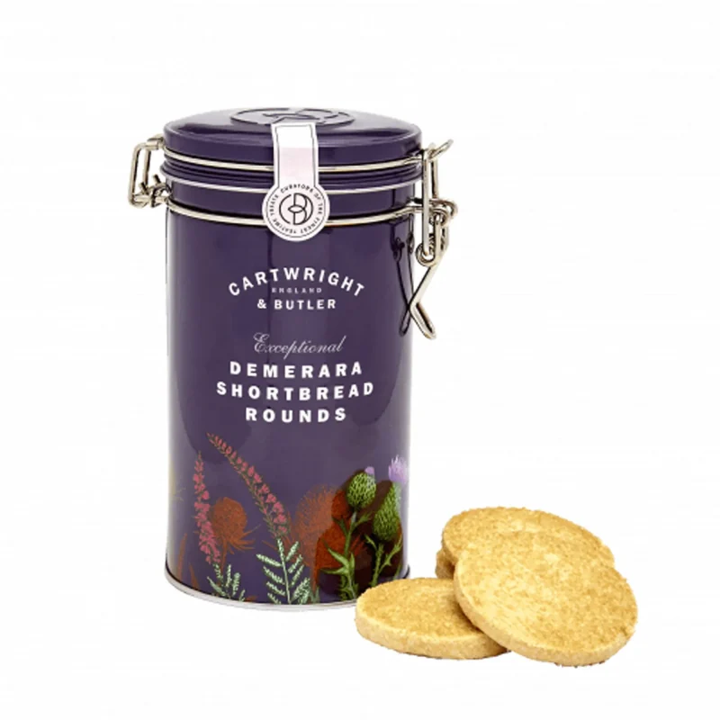 c b demerara shortbread cookies in tin