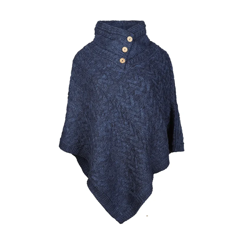 cable knit shawl neck button poncho