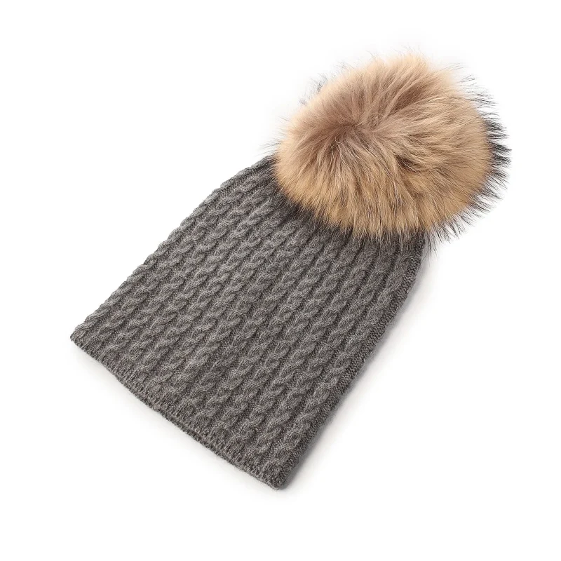 cashmere cable knit hat with pom poms derby grey