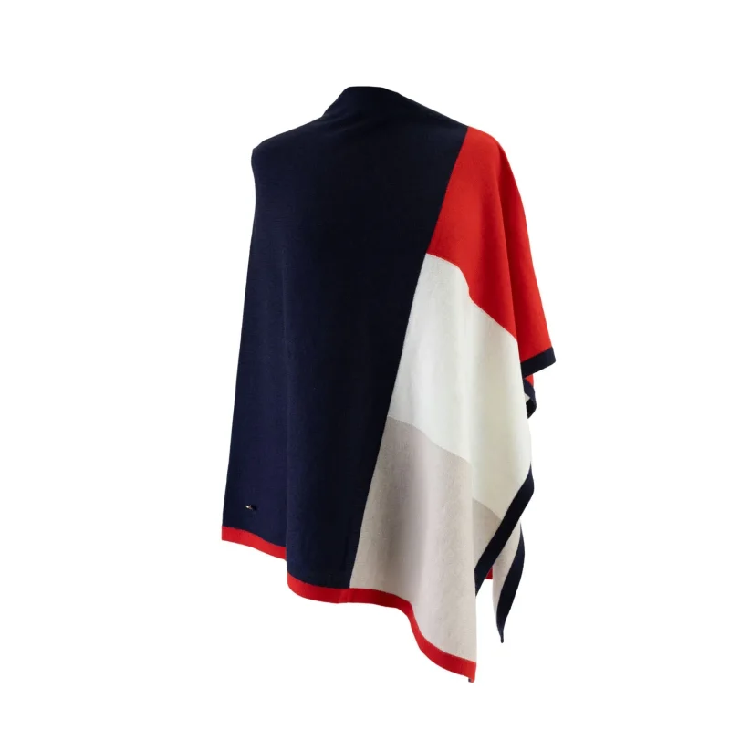 cashmere colour block poncho in navy red white