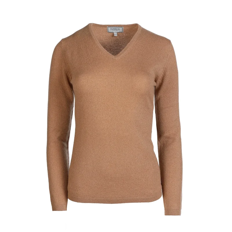 cashmere ladies v neck jumper camel