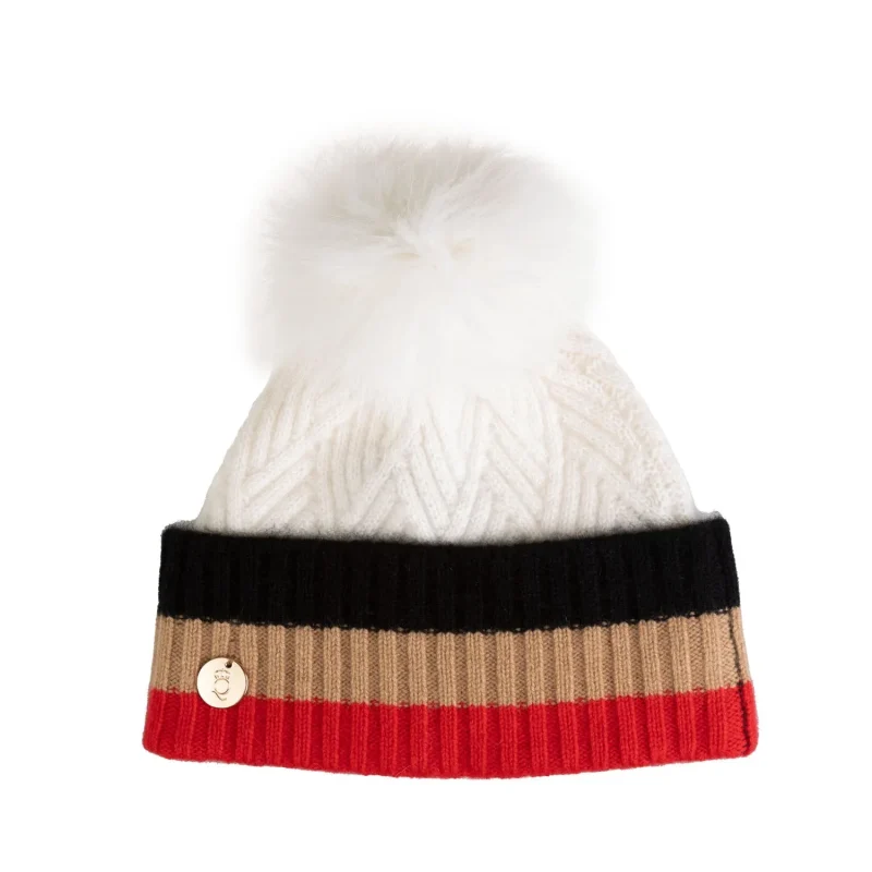 cashmere striped women s beanie cream white pom