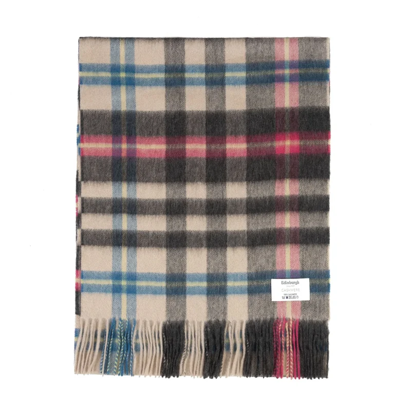 cashmere wide tartan scarf in pearl pewter