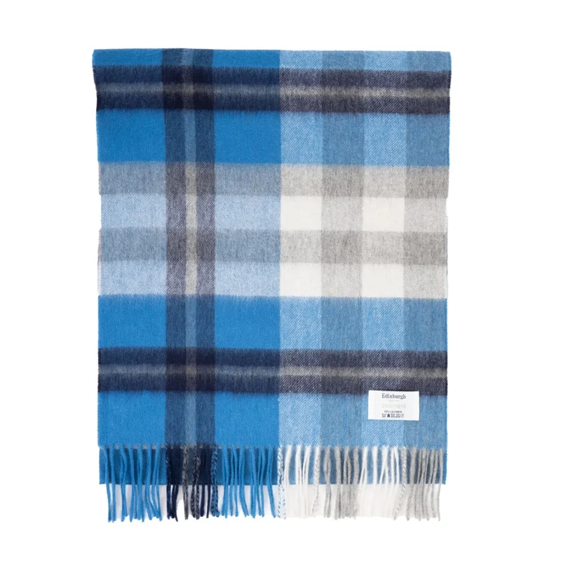 cashmere wide tartan scarf kintyre blue pewter