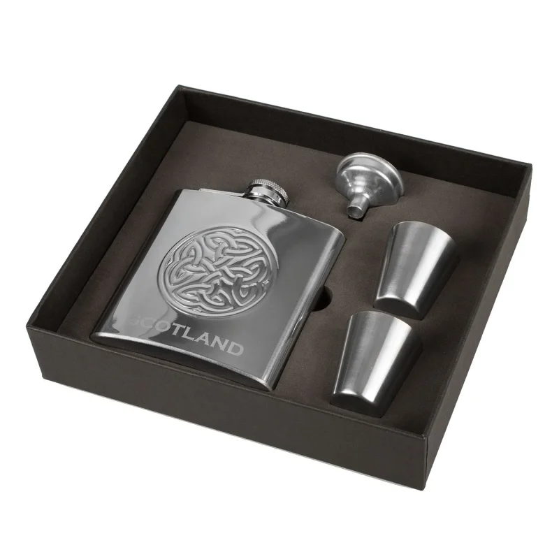 celtic circle 6oz hip flask with funnel shot glasses