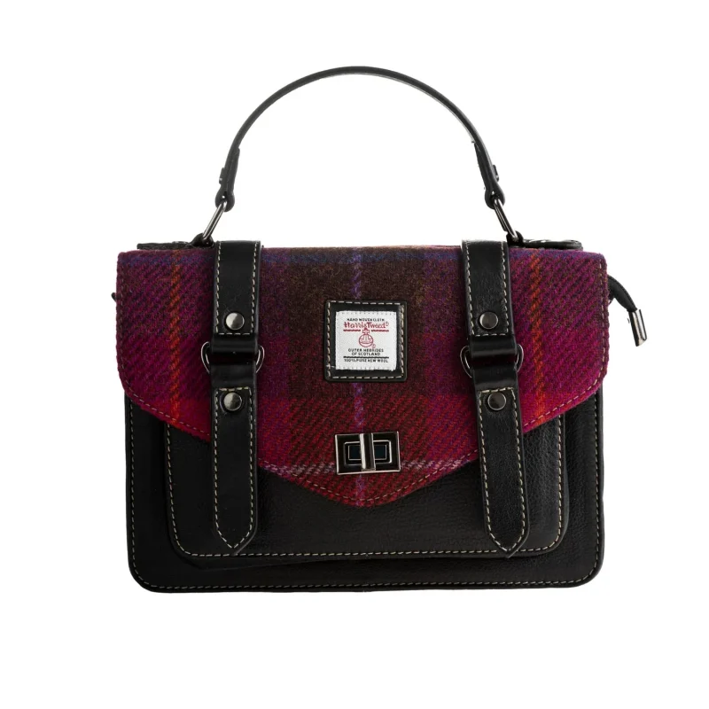 cerise check harris tweed satchel bag with leather trim