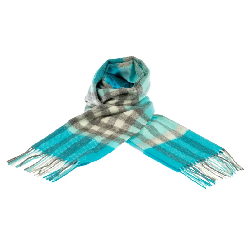 chequer tartan cashmere scarf aqua blue