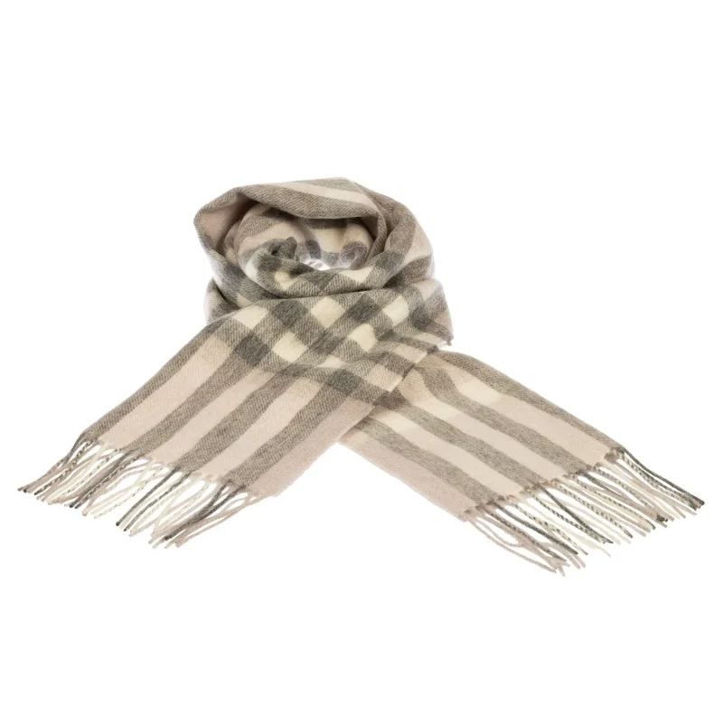 chequer tartan cashmere scarf grey natural blend