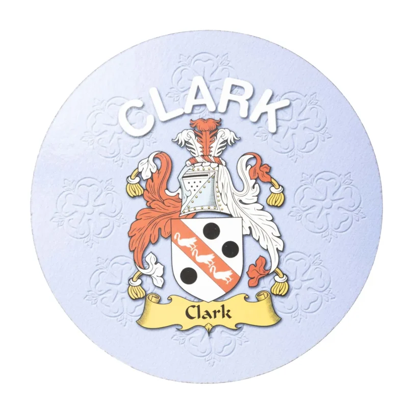 clark e family name round cork coaster