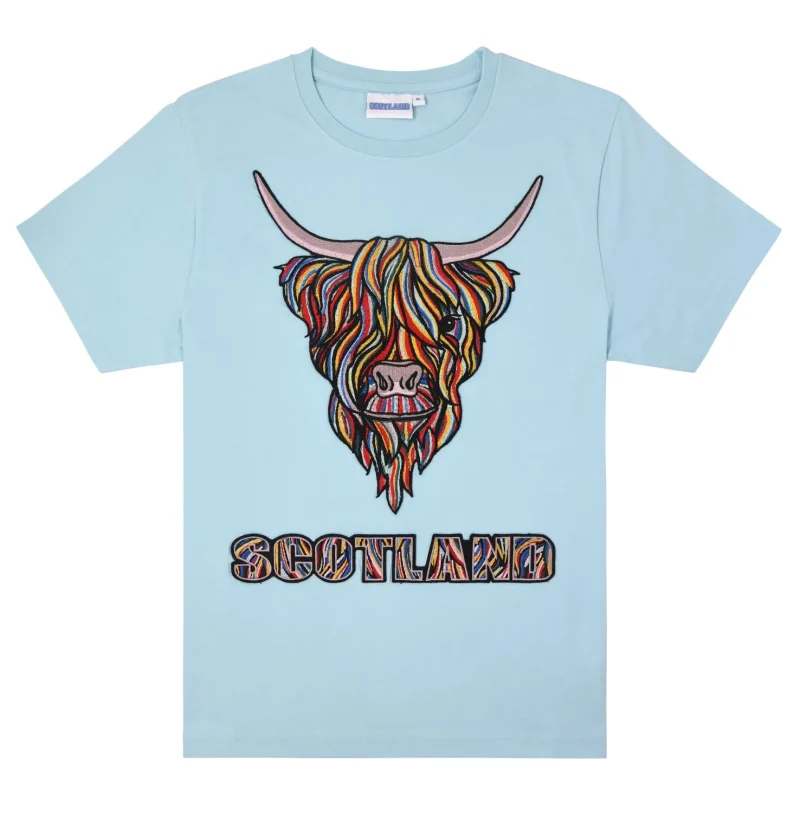 colorful highland cow embroidery t shirt scotland design