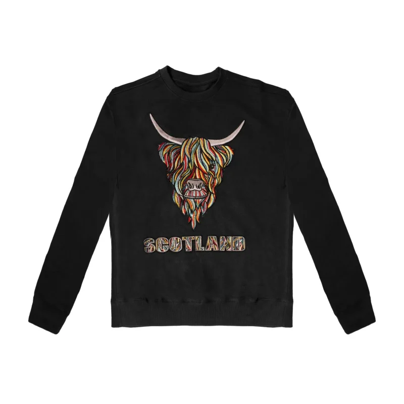 colourful highland cow embroidered scotland sweatshirt