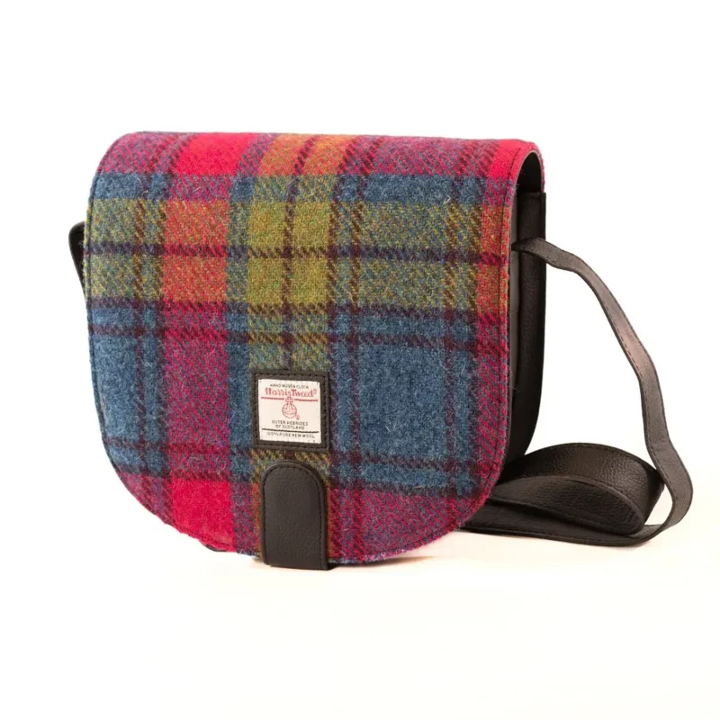 compact crossbody bag in blue pink plaid