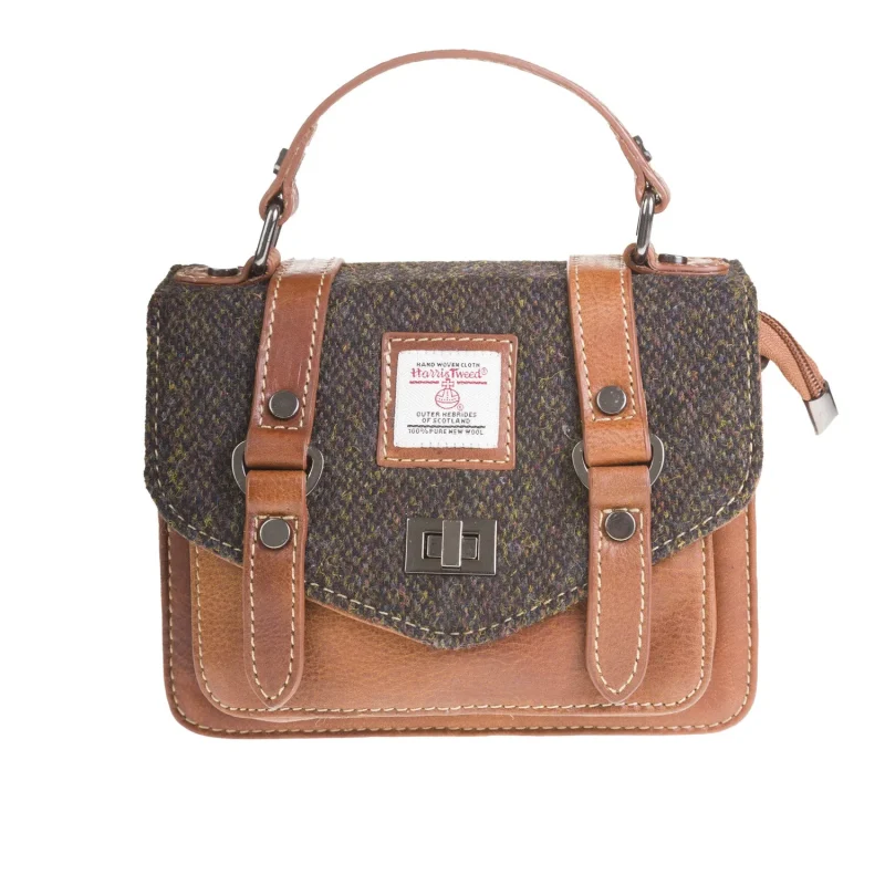 dark brown harris tweed mini satchel with leather straps