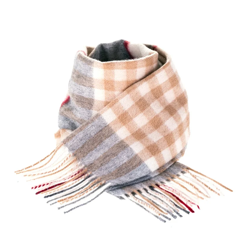 edinburgh 100 lambswool checkered scarf camel grey 24539