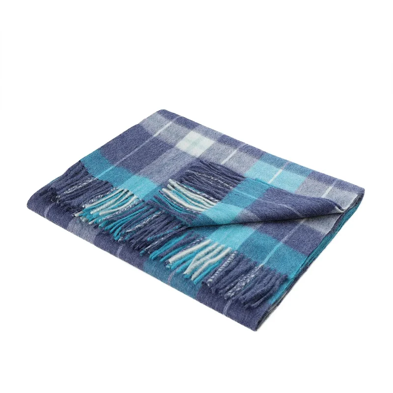 edinburgh heivon check lambswool stole denim aqua lazuli