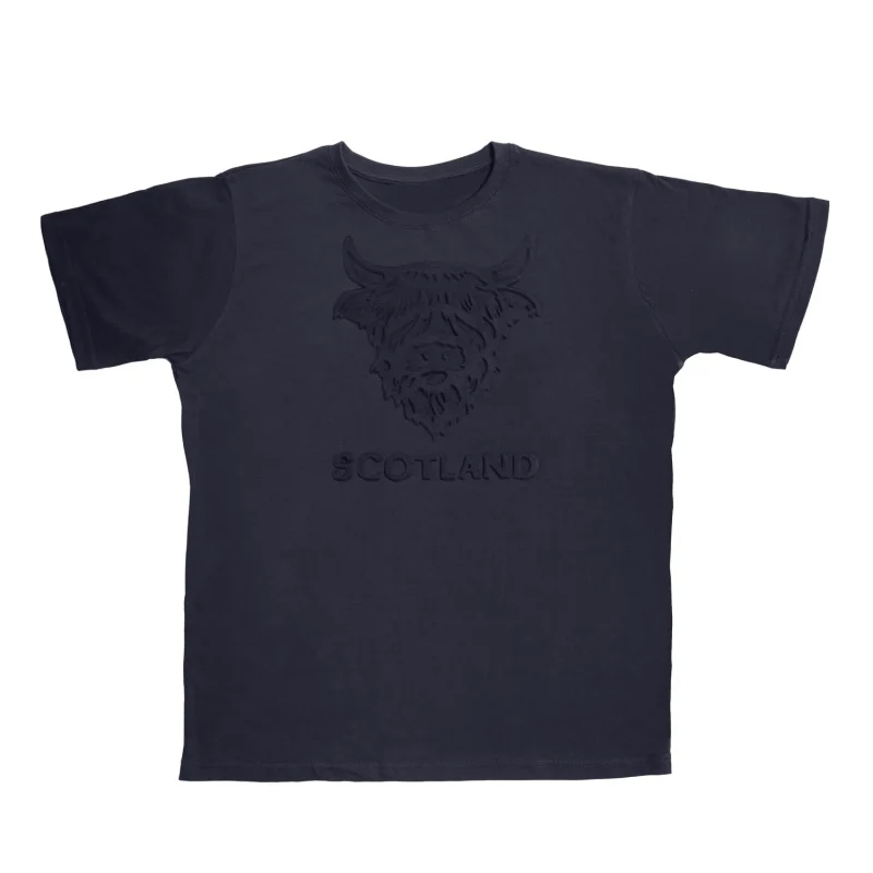 embossed highland cow scotland t shirt for adults