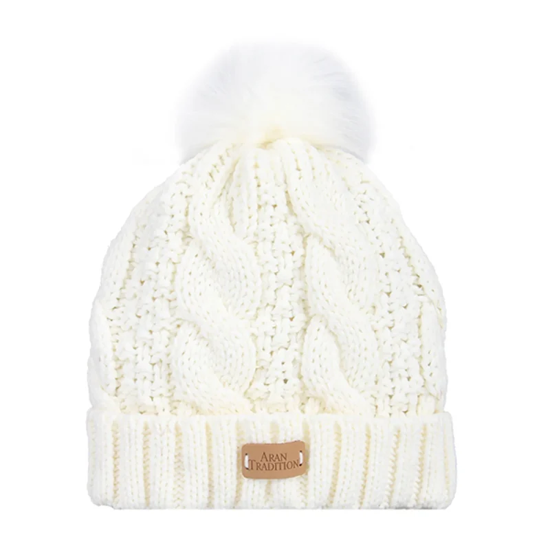 faux fur bobble aran knit hat