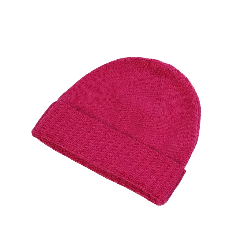 fuchsia knit beanie hat for women ribbed turn up style