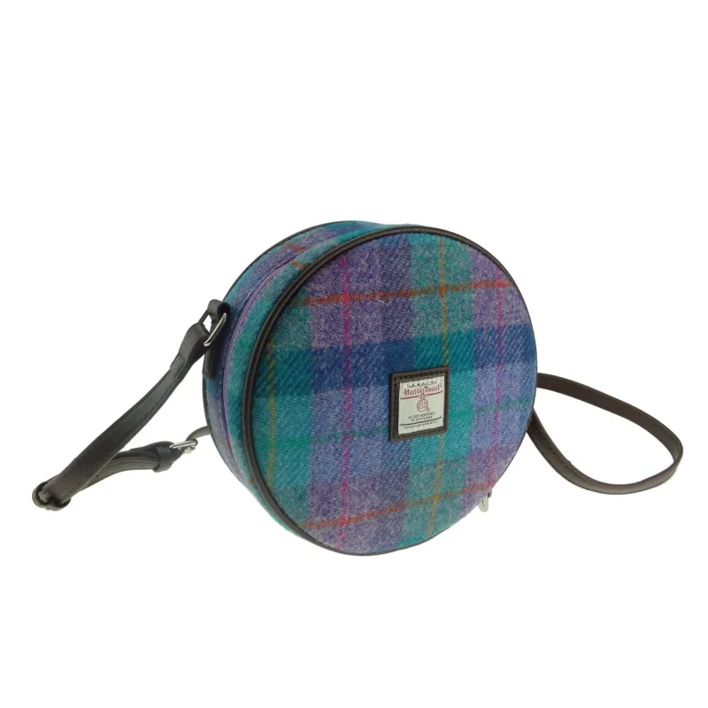 green purple check round strap bag