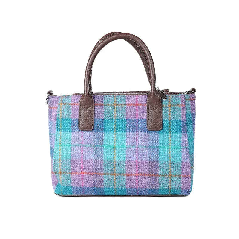 green purple check small tote strap bag