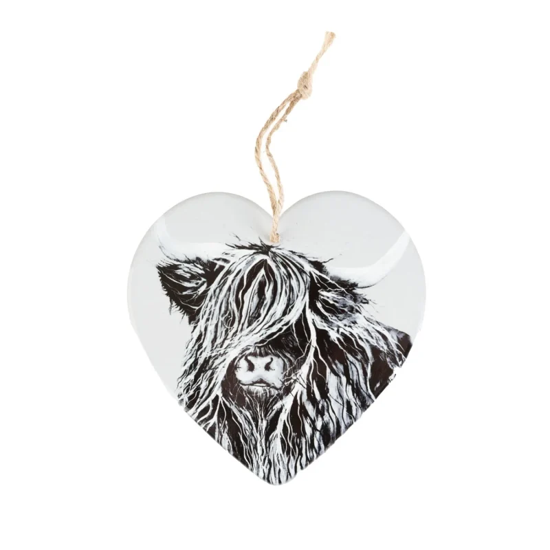 greyscale ceramic highland cow hanger